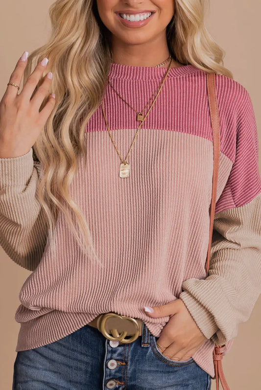 Pink color block Ribbed pullover