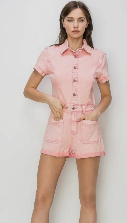 Pretty in Pink denim romper